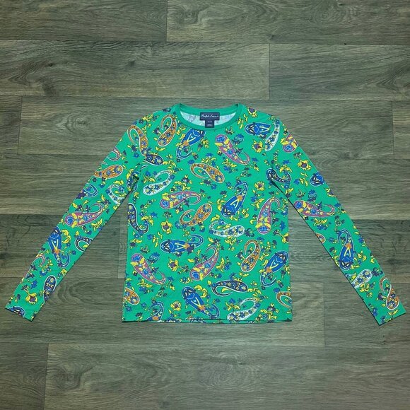 Ralph Lauren Purple Label Paisley Print Long Sleeve Top Green Women's Size XS - Picture 2 of 6